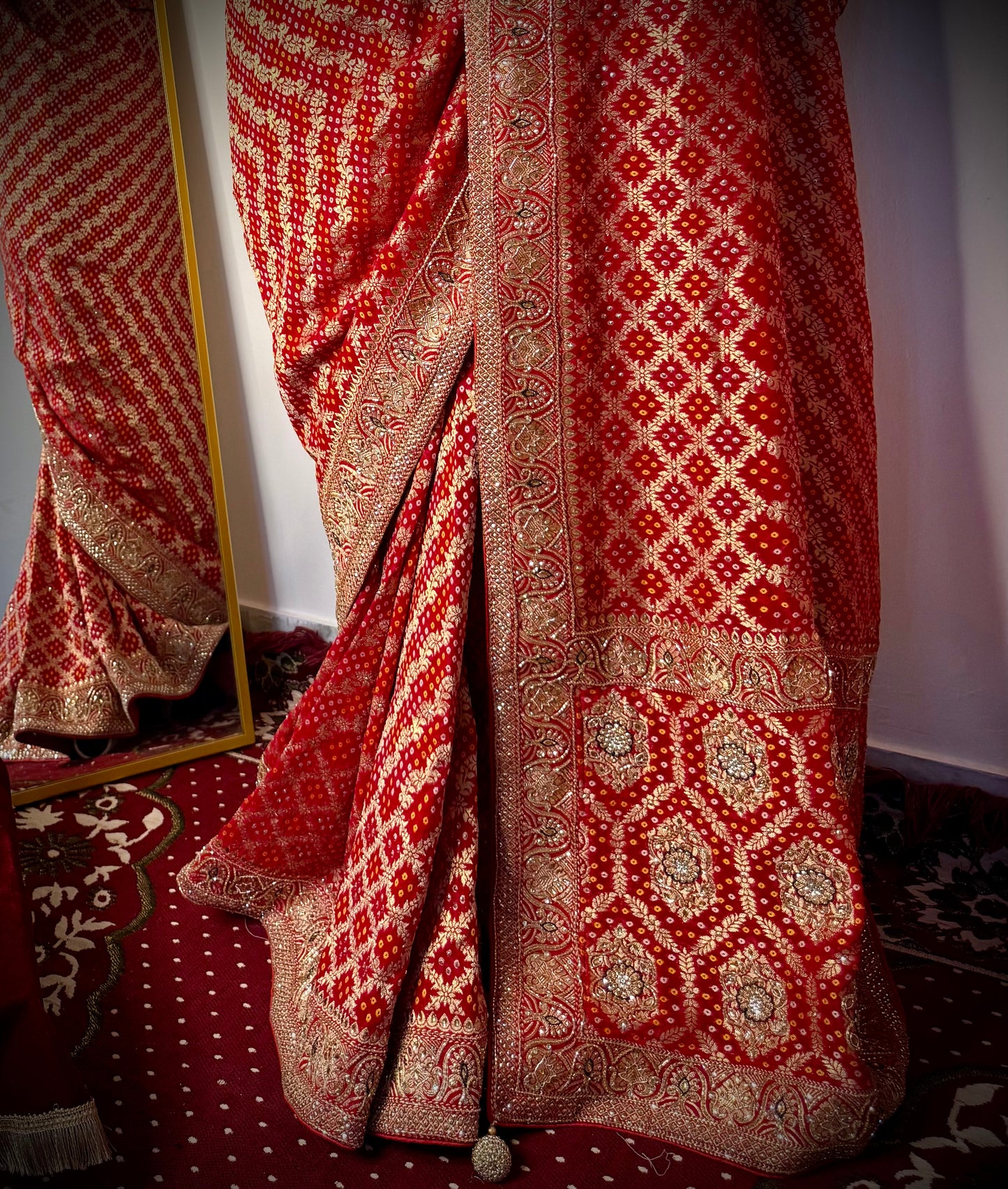 Royal Bridal Ghat Chola – Zardosi Bandhej Saree (Deep Bridal Red)