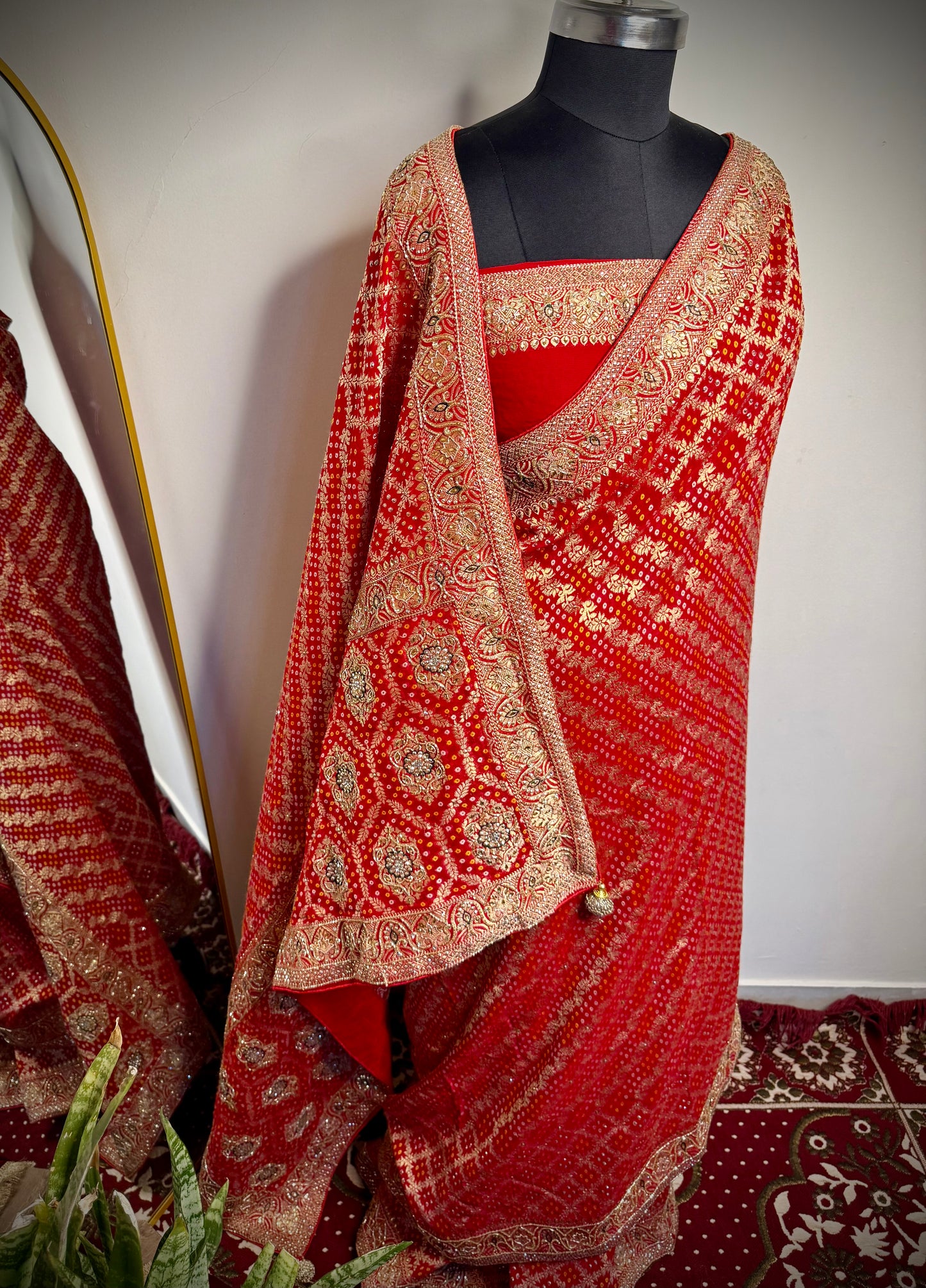 Royal Bridal Ghat Chola – Zardosi Bandhej Saree (Deep Bridal Red)
