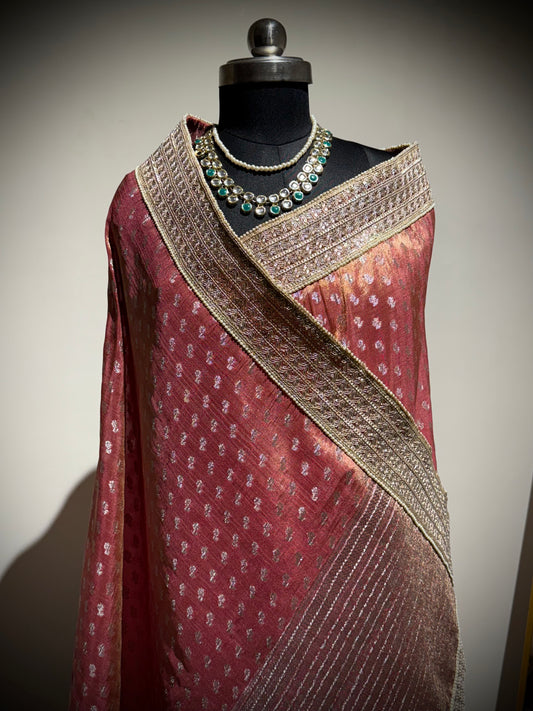RUHAANI – Banarasi Tissue Saree (Muted Rosé)