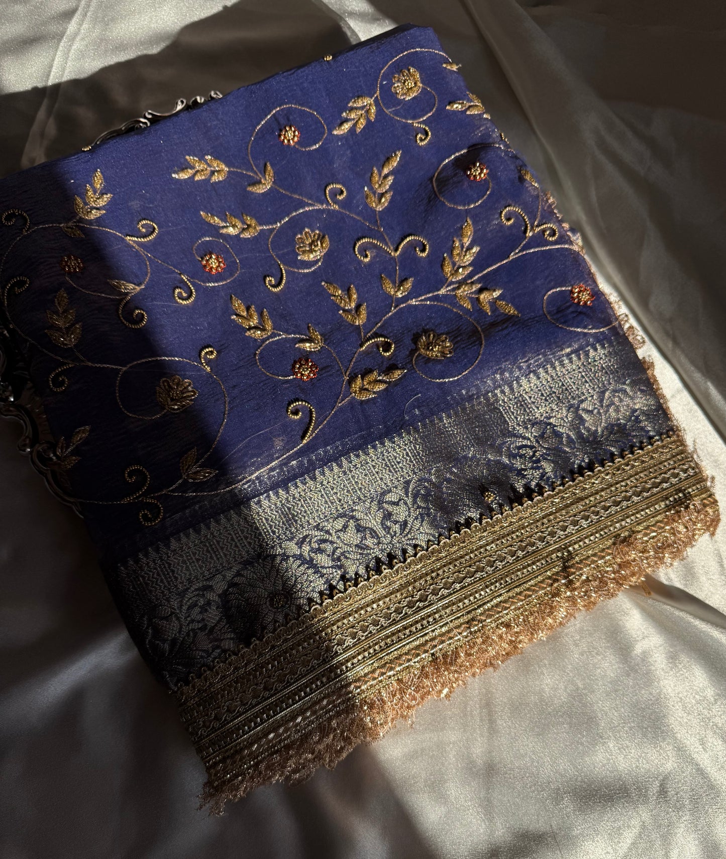 Noor-e-Zari - Elysian Blue Soft Crushed Tissue Banarasi Silk Saree