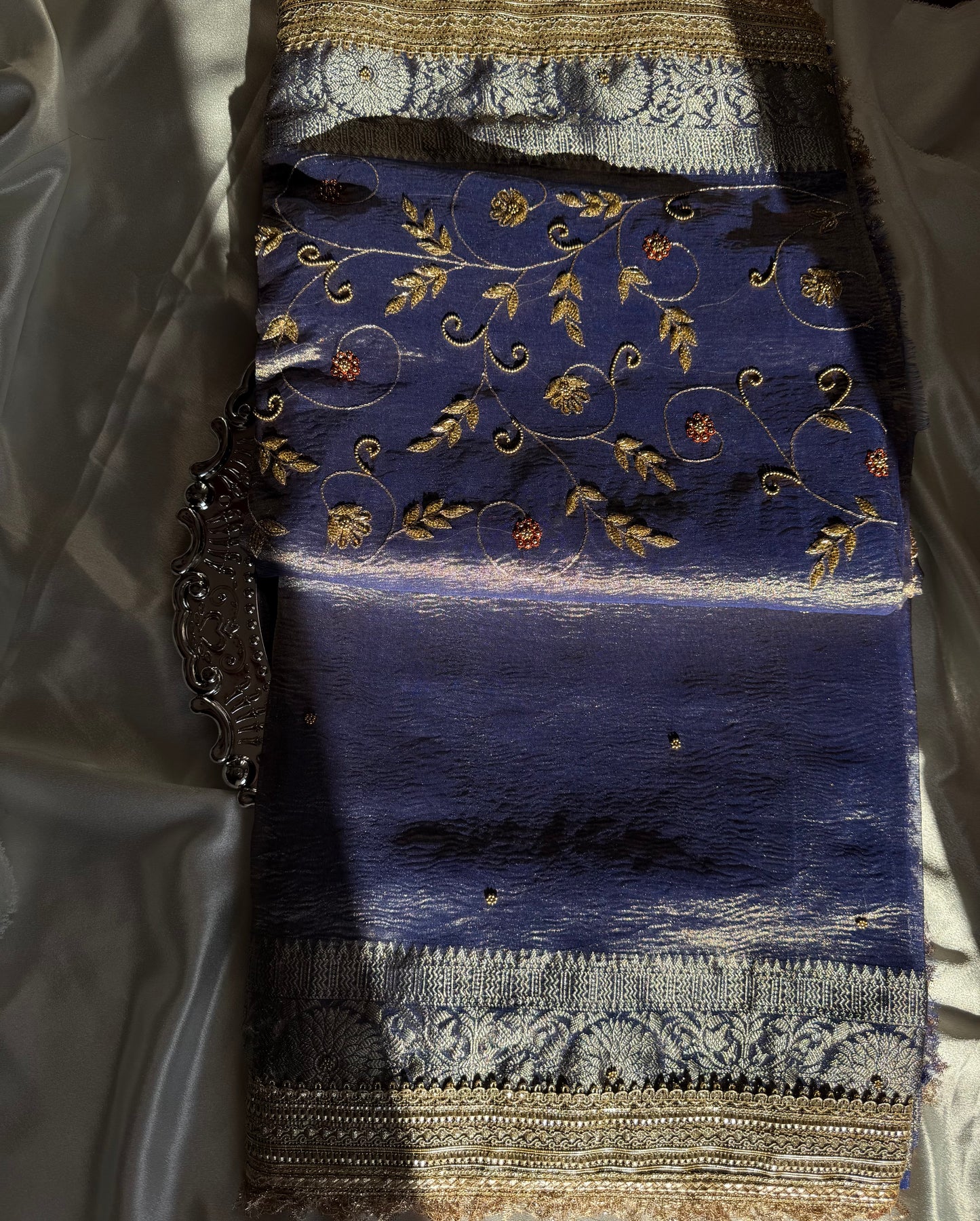 Noor-e-Zari - Elysian Blue Soft Crushed Tissue Banarasi Silk Saree