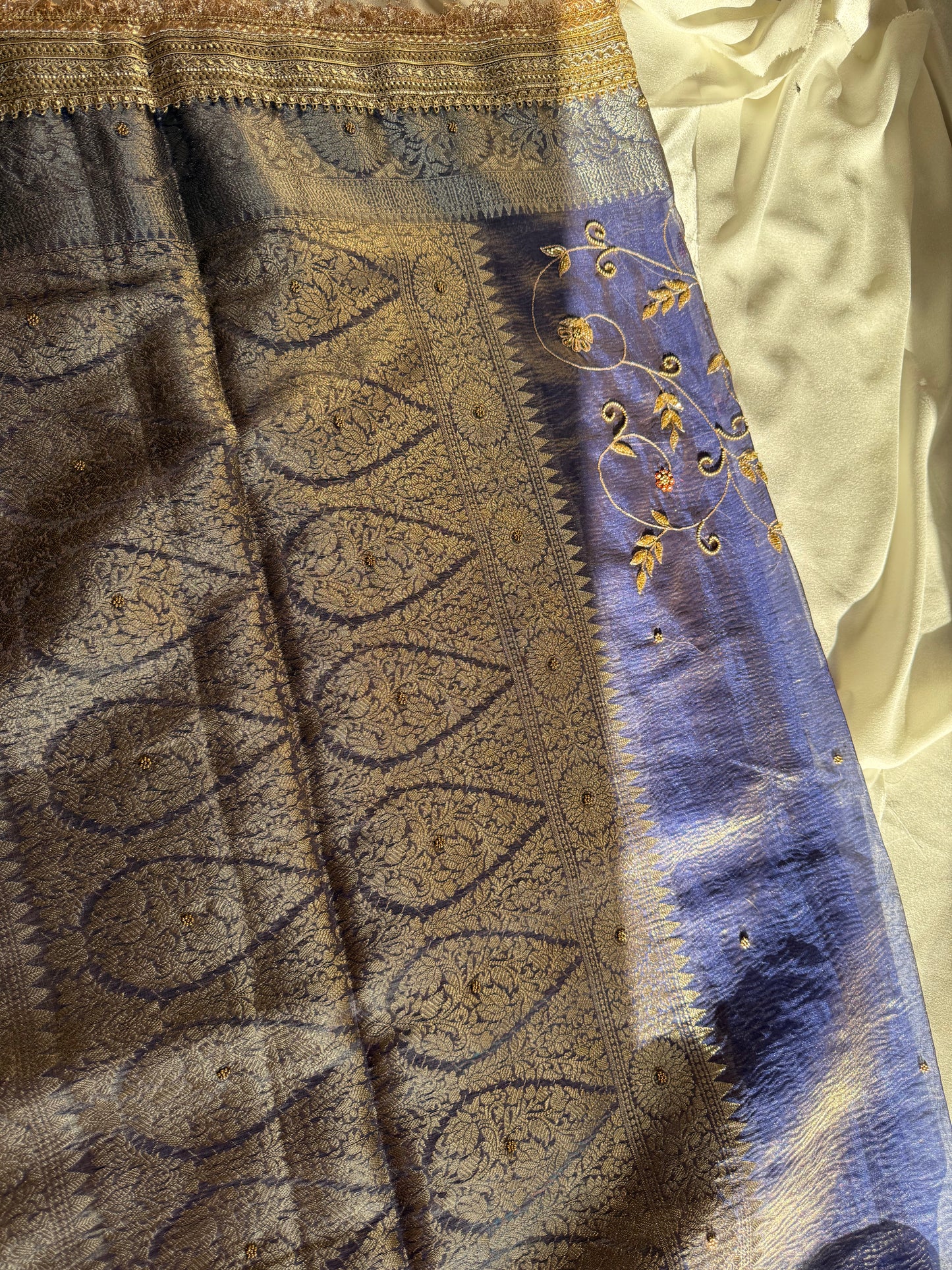Noor-e-Zari - Elysian Blue Soft Crushed Tissue Banarasi Silk Saree