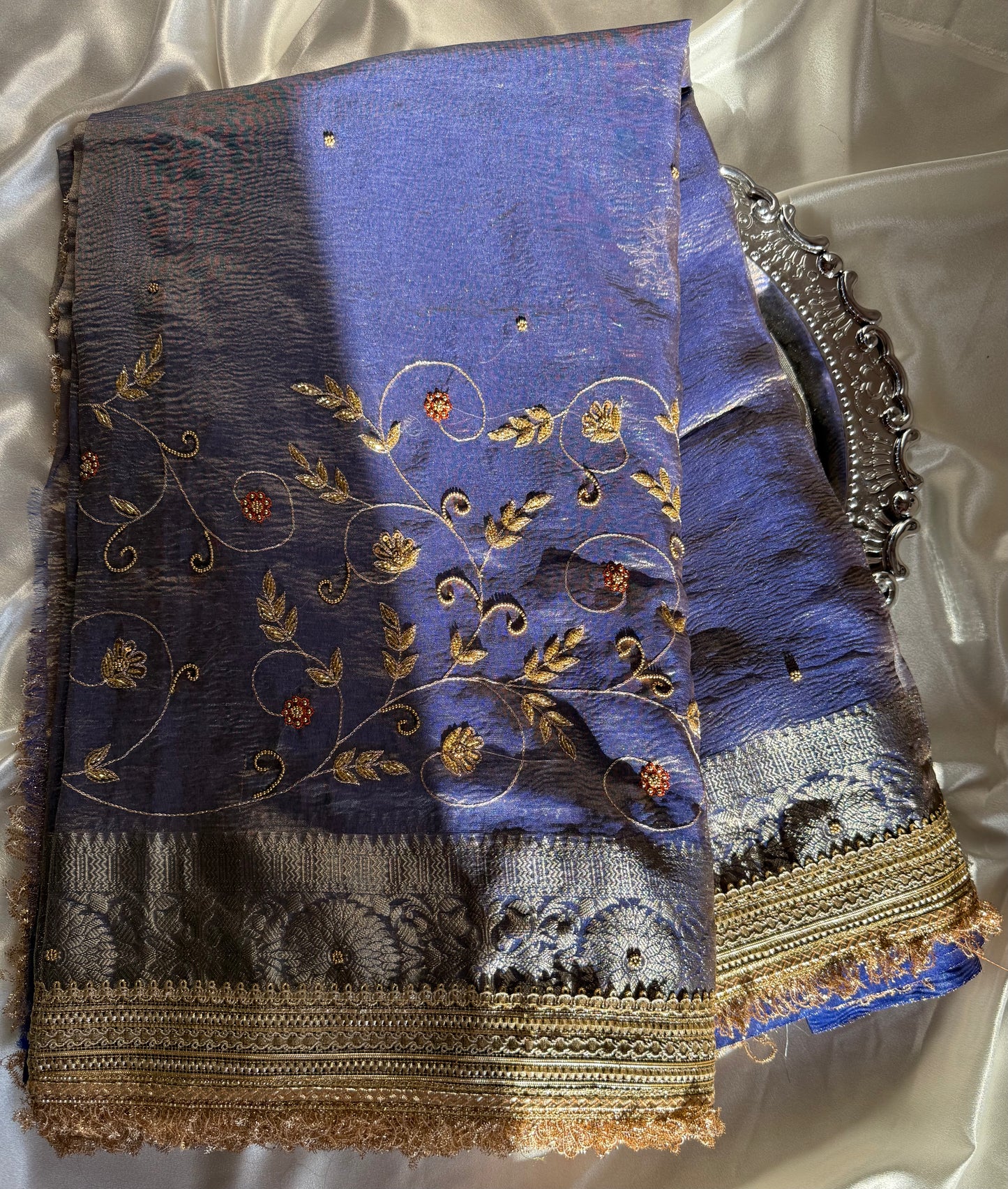 Noor-e-Zari - Elysian Blue Soft Crushed Tissue Banarasi Silk Saree