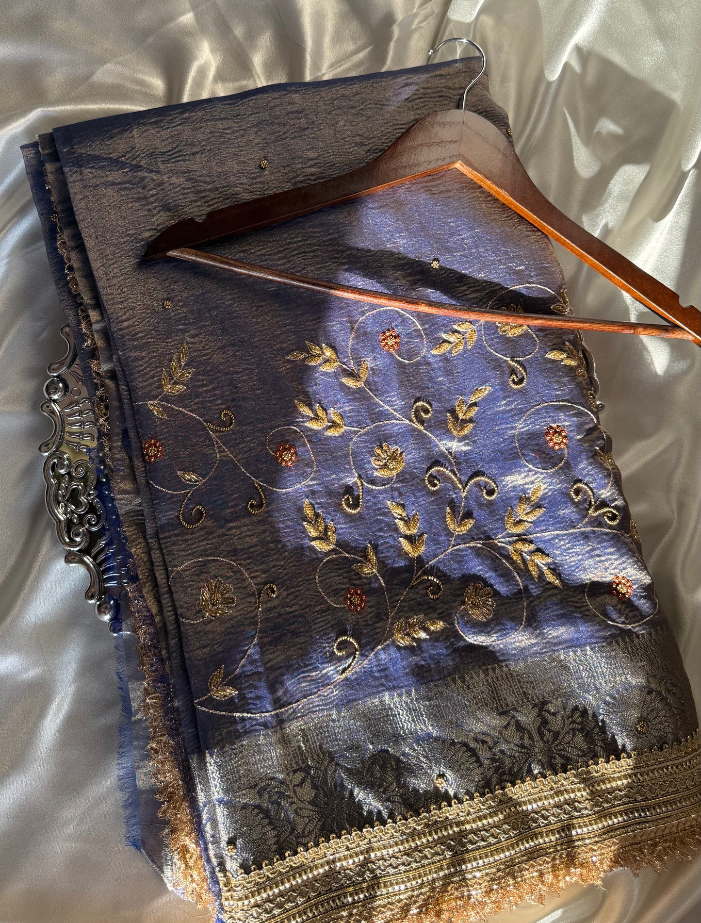 Noor-e-Zari - Elysian Blue Soft Crushed Tissue Banarasi Silk Saree